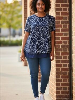 Hilary Radley Navy White Floral Layered Short Sleeve Top Size Small